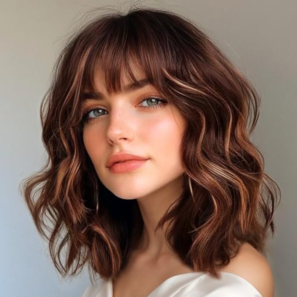 Wavy Wigs for Women Reddish Caramel Brown Short Curly Hair Wig with Bangs Should